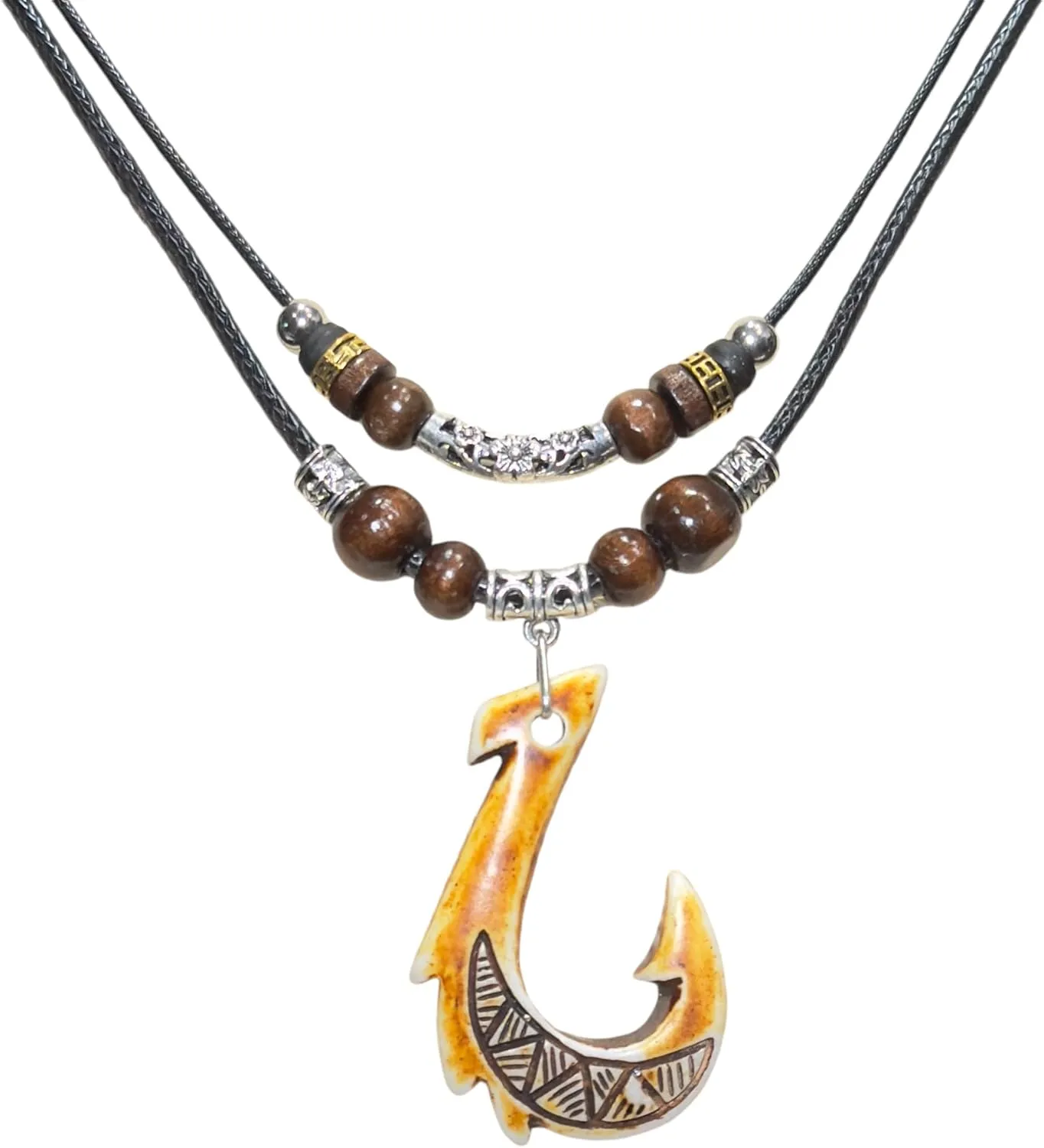 Fish Hook Resin Pendant Necklace Hemp Cord Chain - Maori Tribal Double Layer Necklace - Adjustable