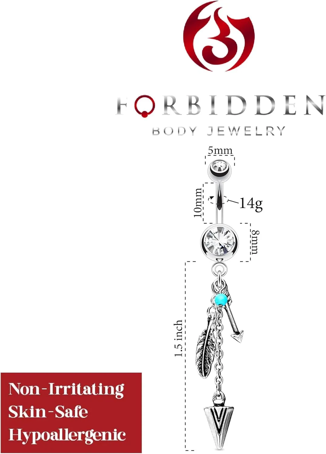 Forbidden Body Jewelry Surgical Steel Tribal Feather and Arrow Charms Synthetic Turquoise Dangle Belly Ring