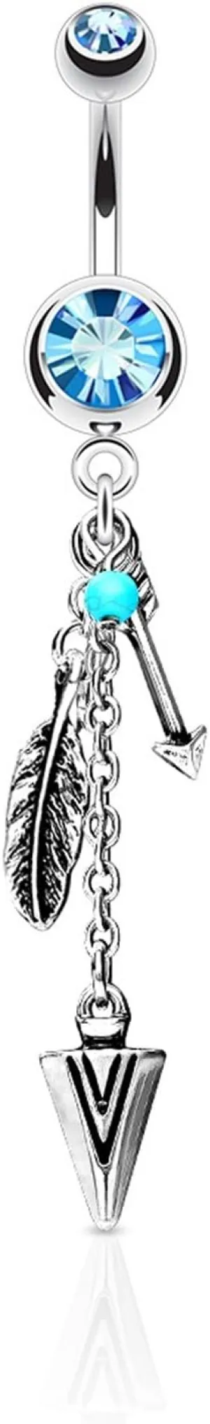 Forbidden Body Jewelry Surgical Steel Tribal Feather and Arrow Charms Synthetic Turquoise Dangle Belly Ring