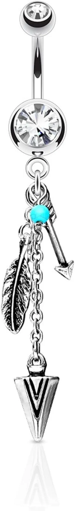 Forbidden Body Jewelry Surgical Steel Tribal Feather and Arrow Charms Synthetic Turquoise Dangle Belly Ring