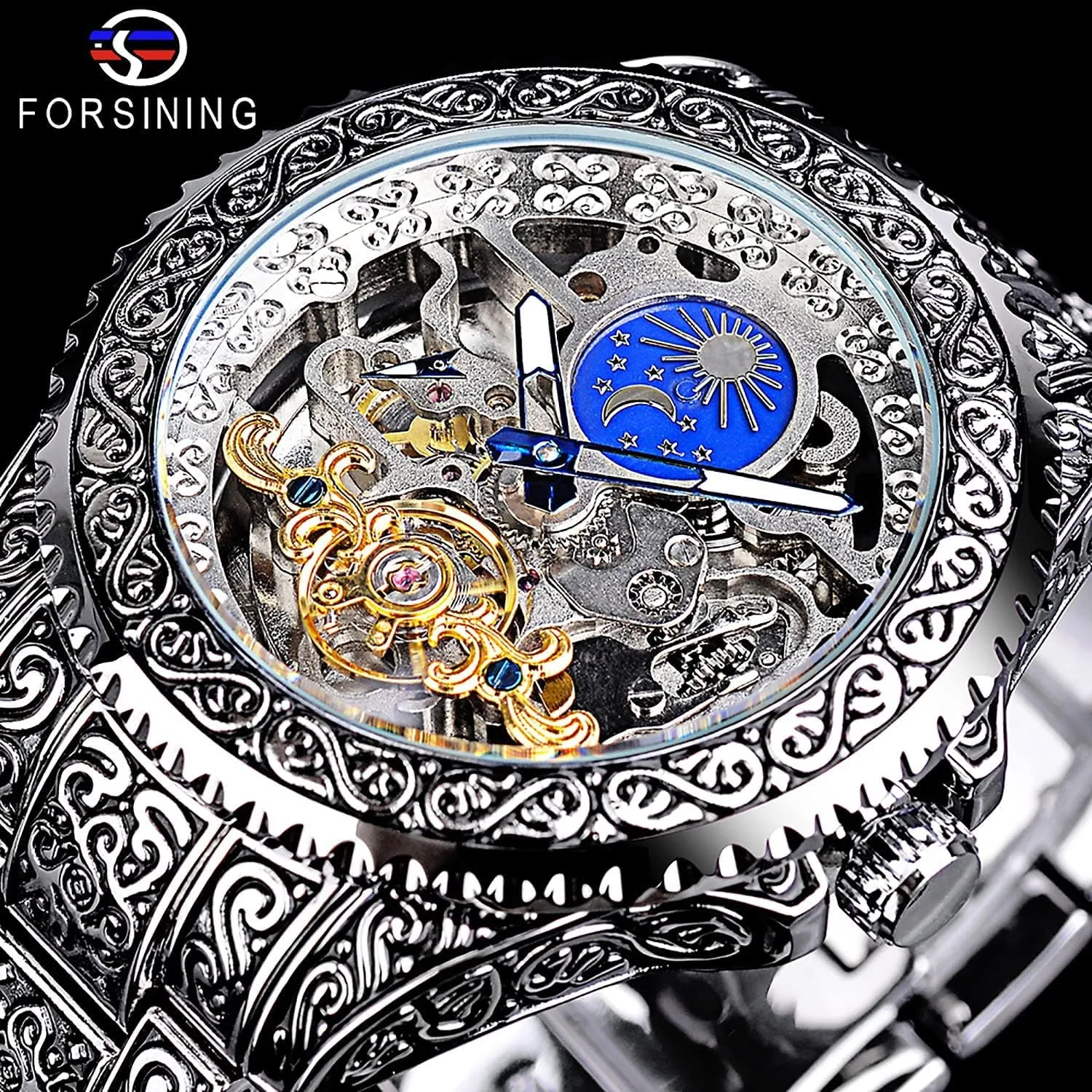 FORSINING Retro Watch for Men Carved Self-Wind Mechanical Tattoo Tourbillon Moon Phase Independent Seconds Skeleton Automatic Big Dial Wrist Watches
