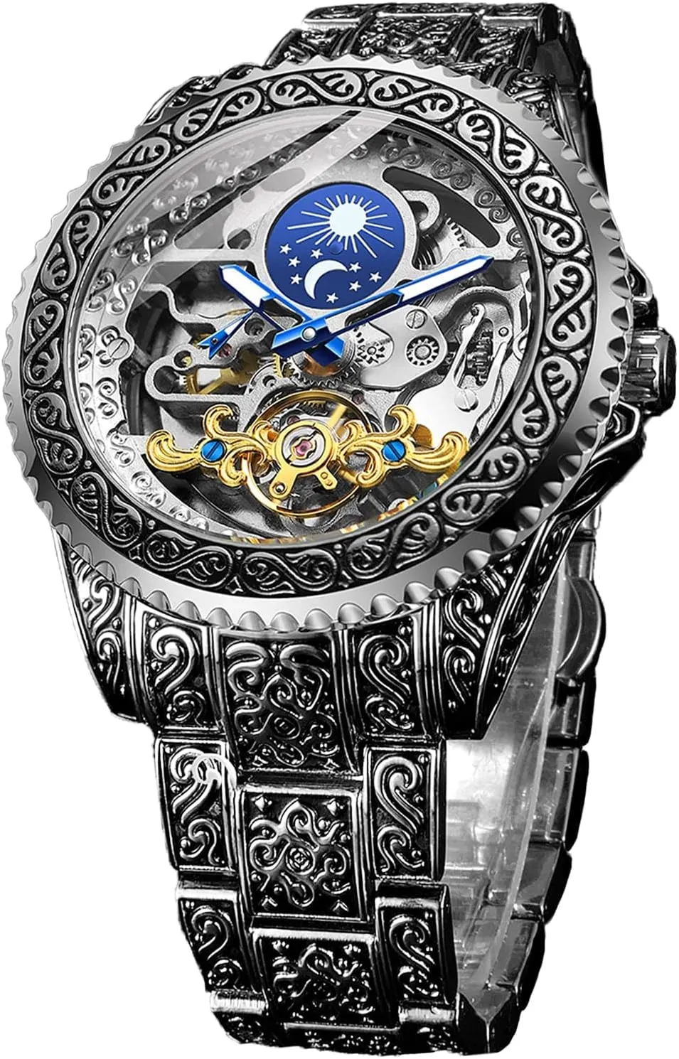 FORSINING Retro Watch for Men Carved Self-Wind Mechanical Tattoo Tourbillon Moon Phase Independent Seconds Skeleton Automatic Big Dial Wrist Watches