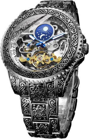 FORSINING Retro Watch for Men Carved Self-Wind Mechanical Tattoo Tourbillon Moon Phase Independent Seconds Skeleton Automatic Big Dial Wrist Watches