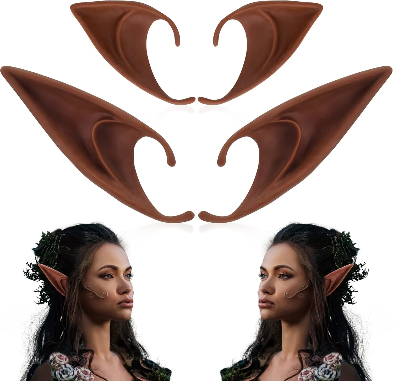 FRESHME Brown Tan Dark Elf Ears - Halloween Renaissance LARP Masquerade Fairy Cosplay Ears for Black Skin