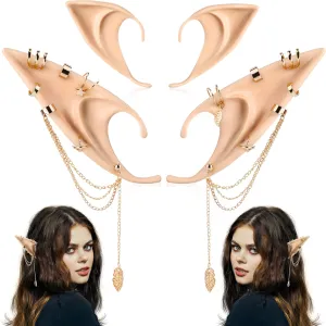 FRESHME Elf Ears with Earrings Set - 2 Pairs Fairy Pixie Soft Ears with Non-Piercing Moon Cuffs Earring