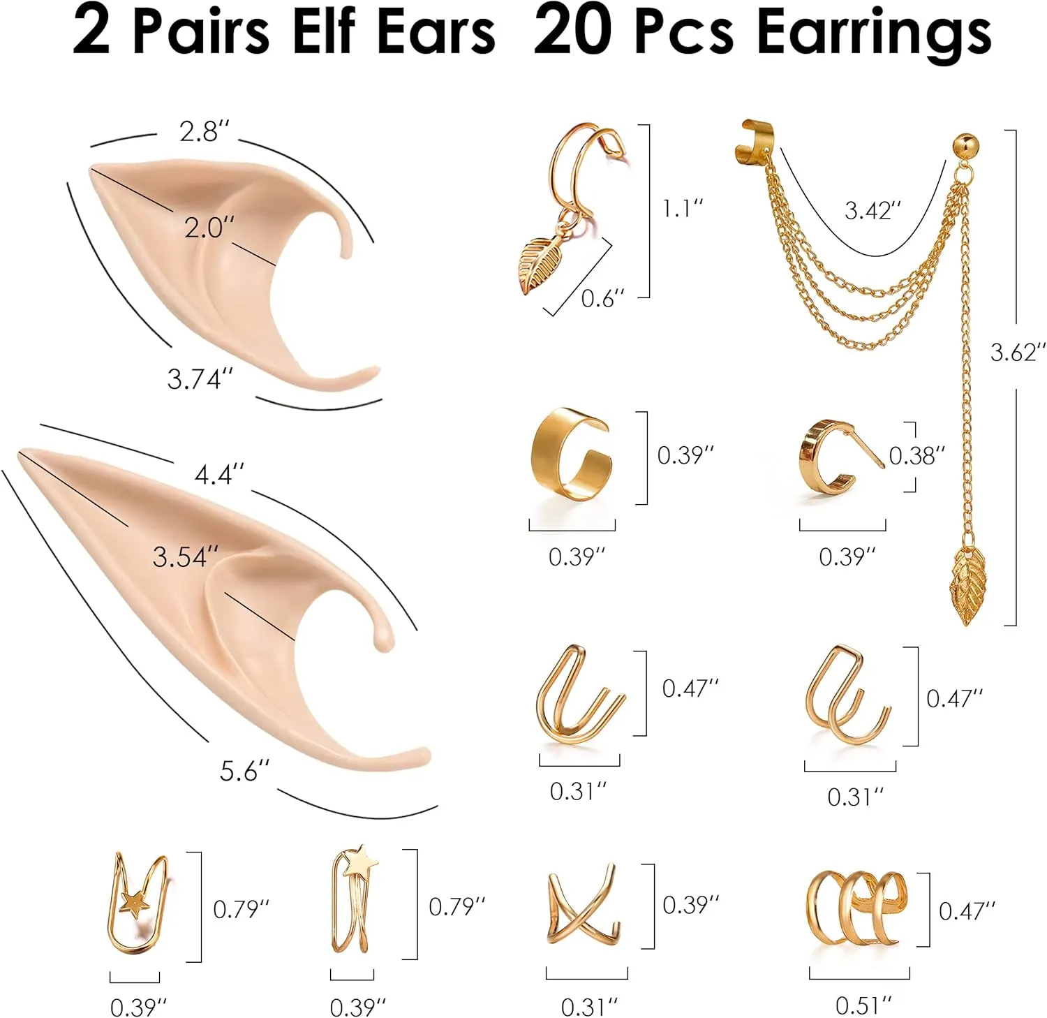FRESHME Elf Ears with Earrings Set - 2 Pairs Fairy Pixie Soft Ears with Non-Piercing Moon Cuffs Earring