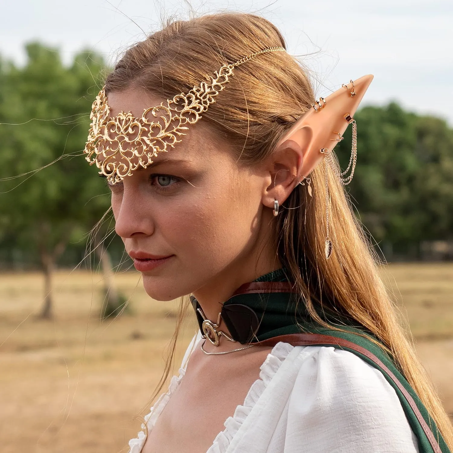 FRESHME Elf Ears with Earrings Set - 2 Pairs Fairy Pixie Soft Ears with Non-Piercing Moon Cuffs Earring