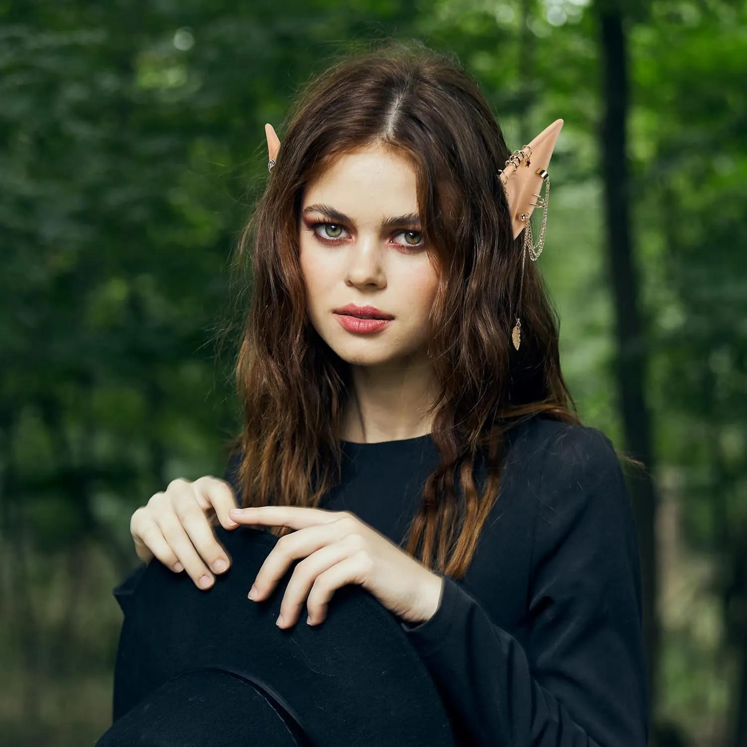FRESHME Elf Ears with Earrings Set - 2 Pairs Fairy Pixie Soft Ears with Non-Piercing Moon Cuffs Earring