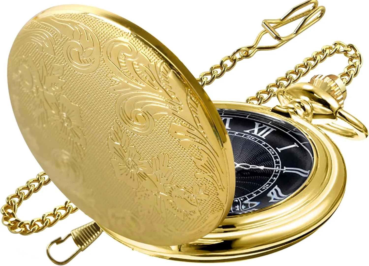 Gold Carved Flower Quartz Pocket Watch with Quartz Movement, Pocket Watch with Chain Clip for Men