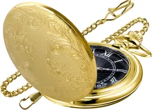 Gold Carved Flower Quartz Pocket Watch with Quartz Movement, Pocket Watch with Chain Clip for Men