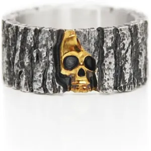 Golden Skull Ring for Men Women, Adjustable Gothic Imitation Wood Pattern Skeleton Ring, Open Punk Cocktail Vintage Hip Hop Halloween Biker Viking Skull Jewelry Christmas Gift for Men Husband Father