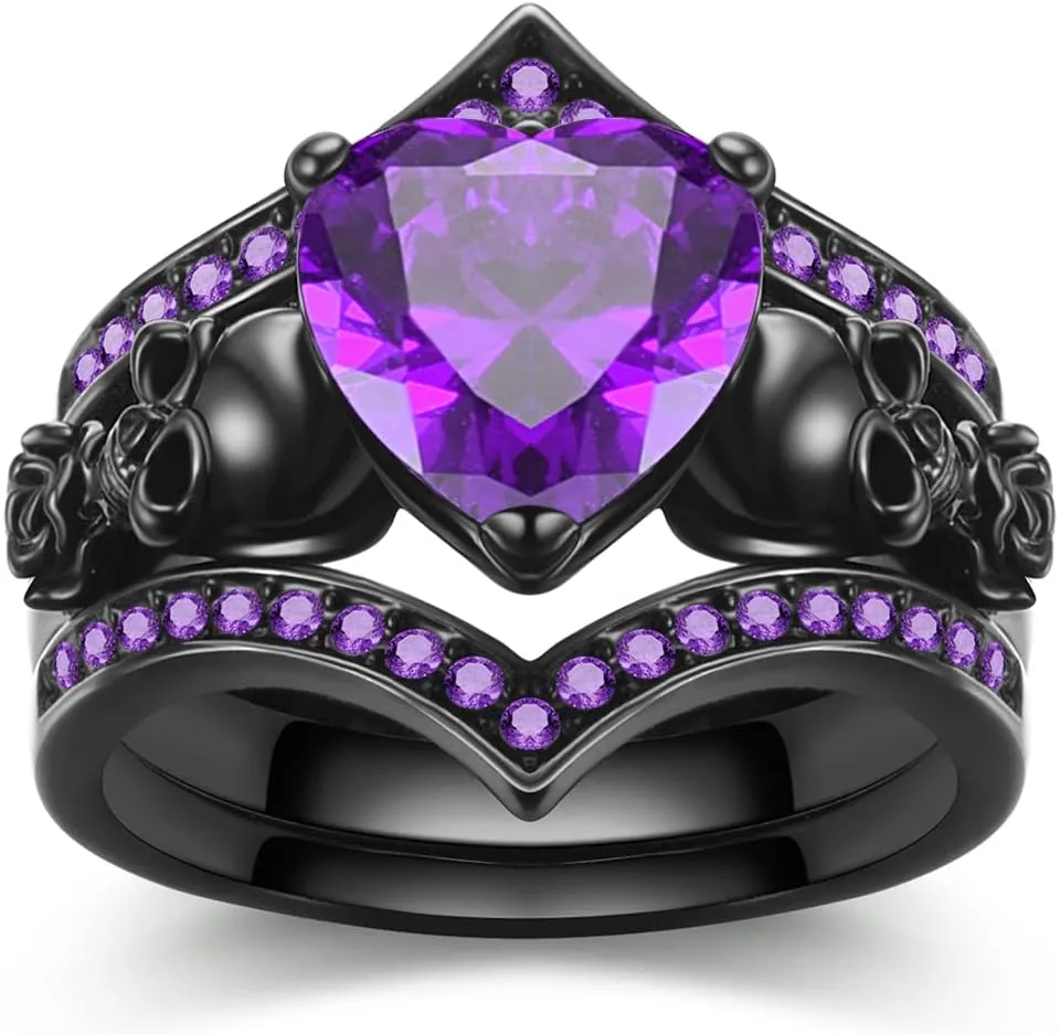 Gothic Black Rose Flower Skull Engagement Ring Set Red Purple Heart-shaped Zircon Crystal Wedding Anniversary Mother's Day Holiday Gift Jewelry