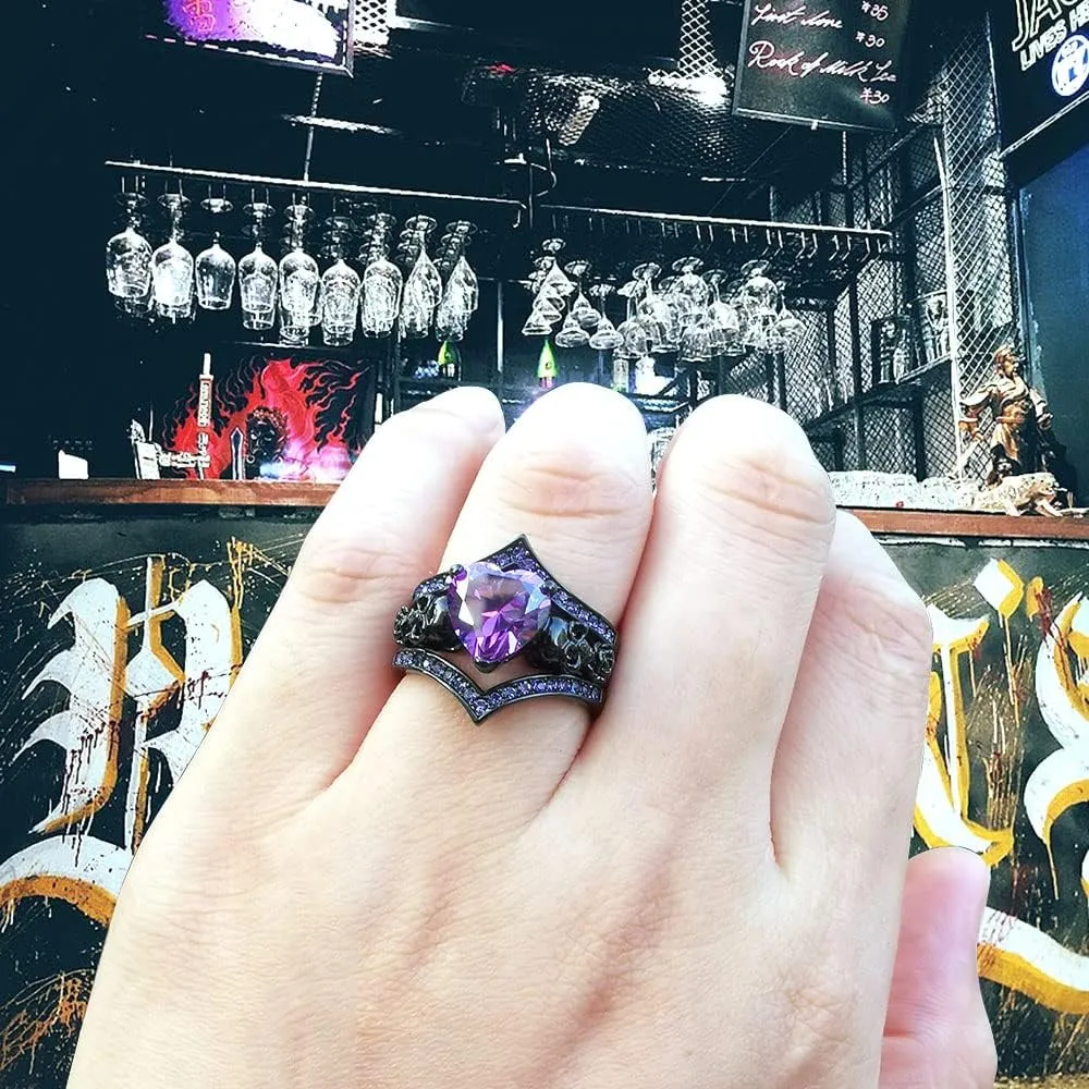 Gothic Black Rose Flower Skull Engagement Ring Set Red Purple Heart-shaped Zircon Crystal Wedding Anniversary Mother's Day Holiday Gift Jewelry