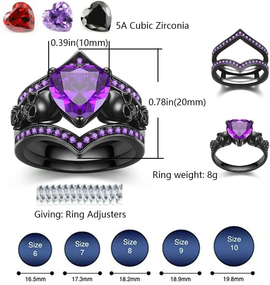 Gothic Black Rose Flower Skull Engagement Ring Set Red Purple Heart-shaped Zircon Crystal Wedding Anniversary Mother's Day Holiday Gift Jewelry