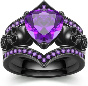 Gothic Black Rose Flower Skull Engagement Ring Set Red Purple Heart-shaped Zircon Crystal Wedding Anniversary Mother's Day Holiday Gift Jewelry