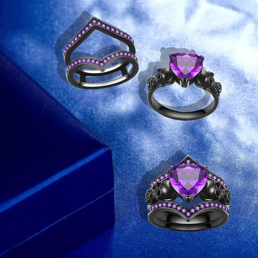 Gothic Black Rose Flower Skull Engagement Ring Set Red Purple Heart-shaped Zircon Crystal Wedding Anniversary Mother's Day Holiday Gift Jewelry