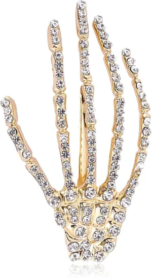 Gothic Punk Skull Hand Brooch Pins,Vintage Crystal Hand Skeleton Lapel Pin Collar Pin Halloween Costume Jewelry for Women Men