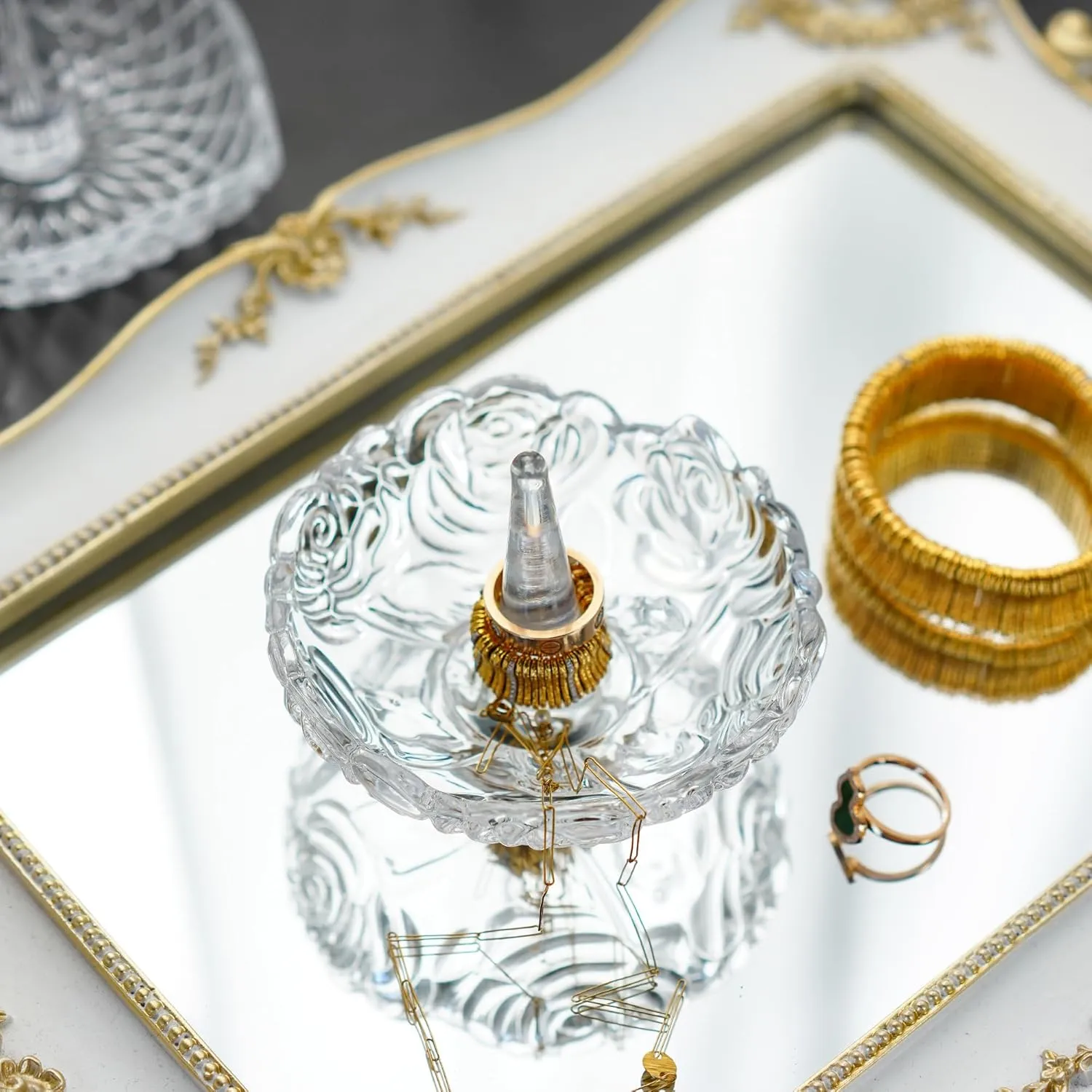 H&D HYALINE & DORA 4Clear Crystal Ring Holder,Round Glass Ring Dish,Jewelry Rack Ring Holder for Wedding,Jewelry Display Gifts for Mom Wife Girlfriend