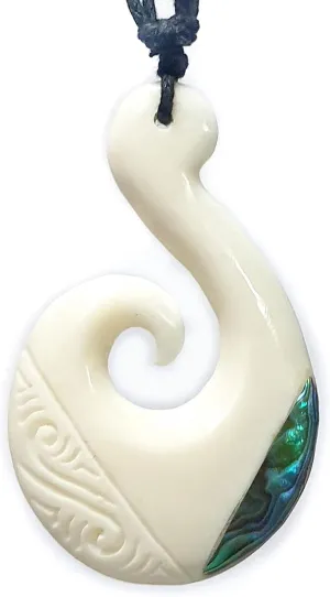 Hand Carved Bone Fish Hook Necklace, Handmade Abalone Necklace, Waxed Cord Fish Hook Bone Necklace for Women Men Jewelry EA360