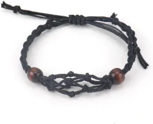 Handmade Beaded Bracelet, Suitable for Men and Women, Handmade Woven Mesh Bag Bracelet Adjustable and Stretchable Natural Stone Mesh Bag Bracelet (Black)