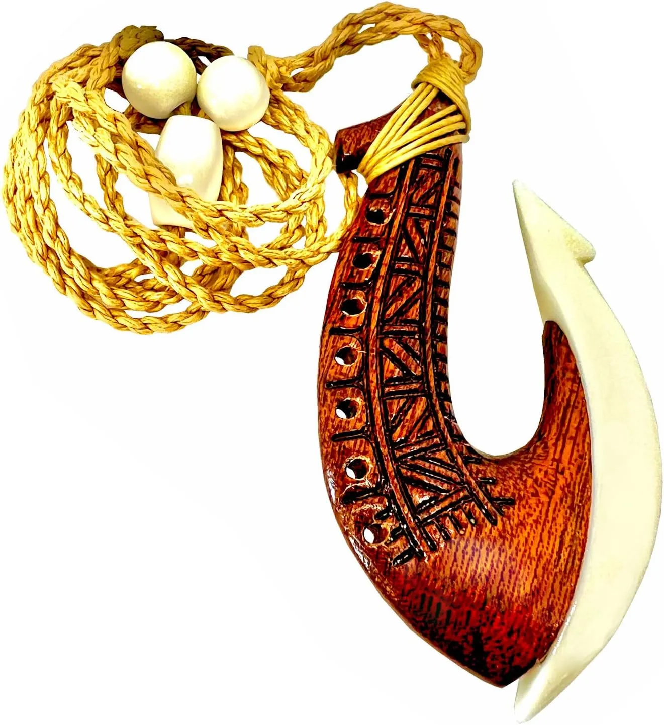 Hawaiian Jewelry Handmade Tattoo Koa Wood and Buffalo Bone Hawaii Fish Hook Pendant Necklace
