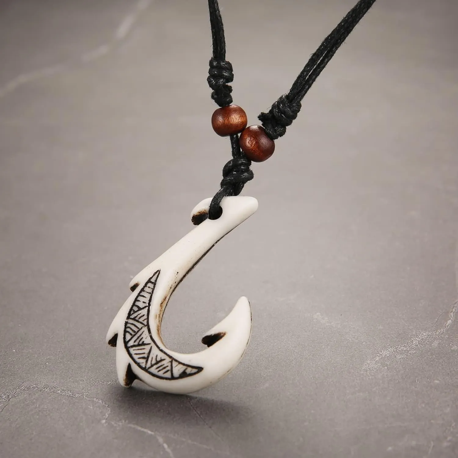 HZMAN Hawaiian Fish Hook Pendant Hemp Cord Chain - Maori Tribal Necklace