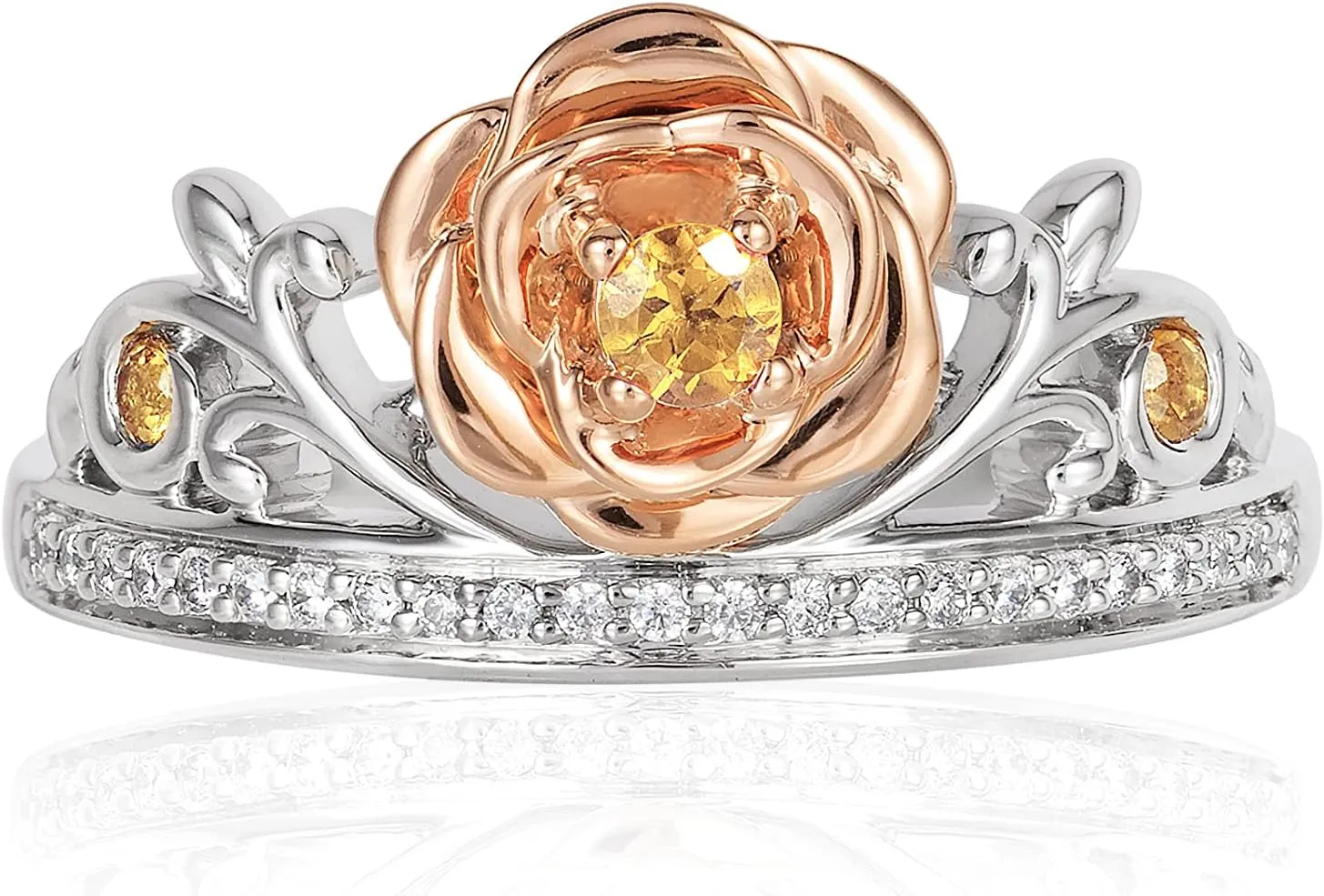 Jewelili Disney Princess Belle Inspired Rose Ring with 1/10 CTTW Diamonds and Yellow Citrine in 14K Rose Gold over Sterling Silver Enchanted Disney Fine Jewelry