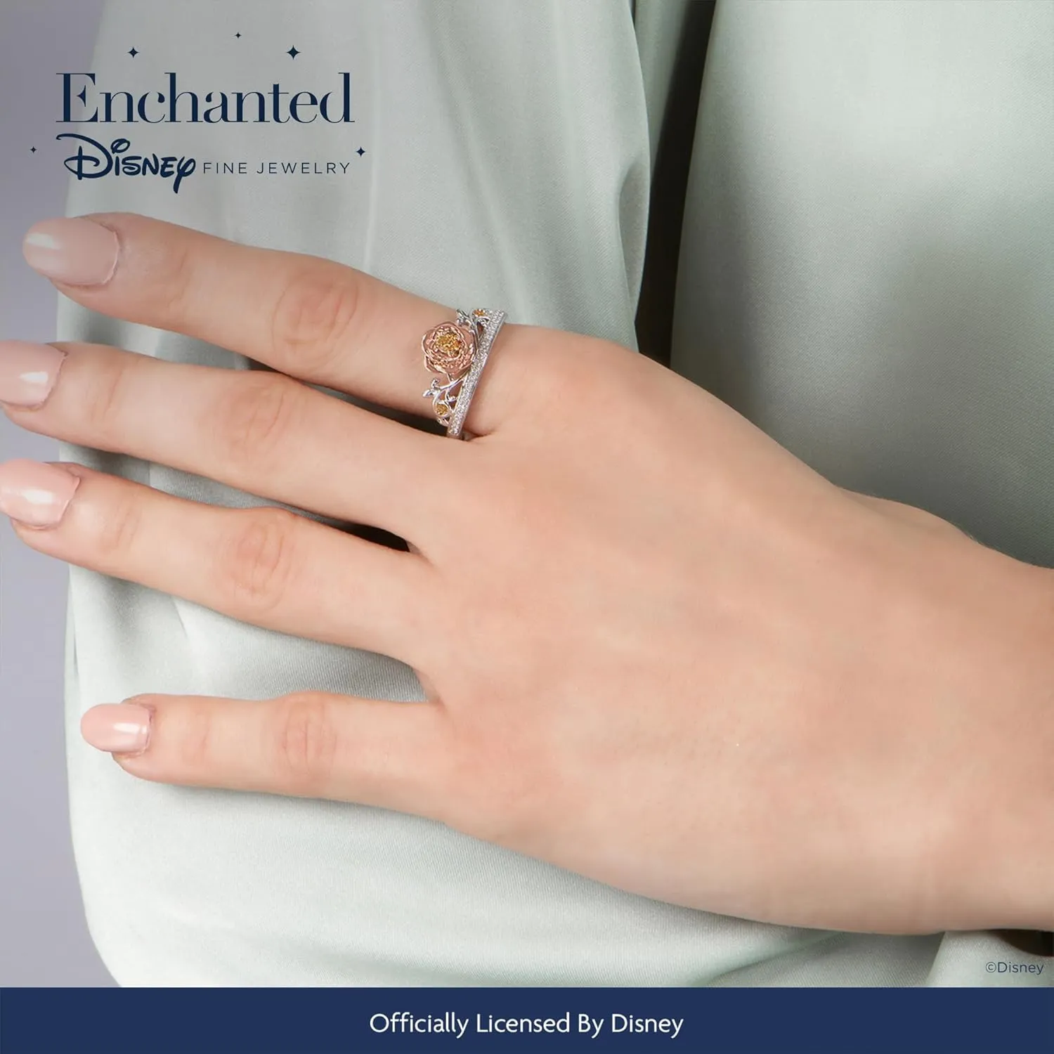 Jewelili Disney Princess Belle Inspired Rose Ring with 1/10 CTTW Diamonds and Yellow Citrine in 14K Rose Gold over Sterling Silver Enchanted Disney Fine Jewelry