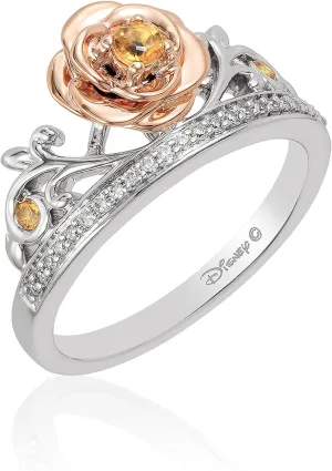 Jewelili Disney Princess Belle Inspired Rose Ring with 1/10 CTTW Diamonds and Yellow Citrine in 14K Rose Gold over Sterling Silver Enchanted Disney Fine Jewelry