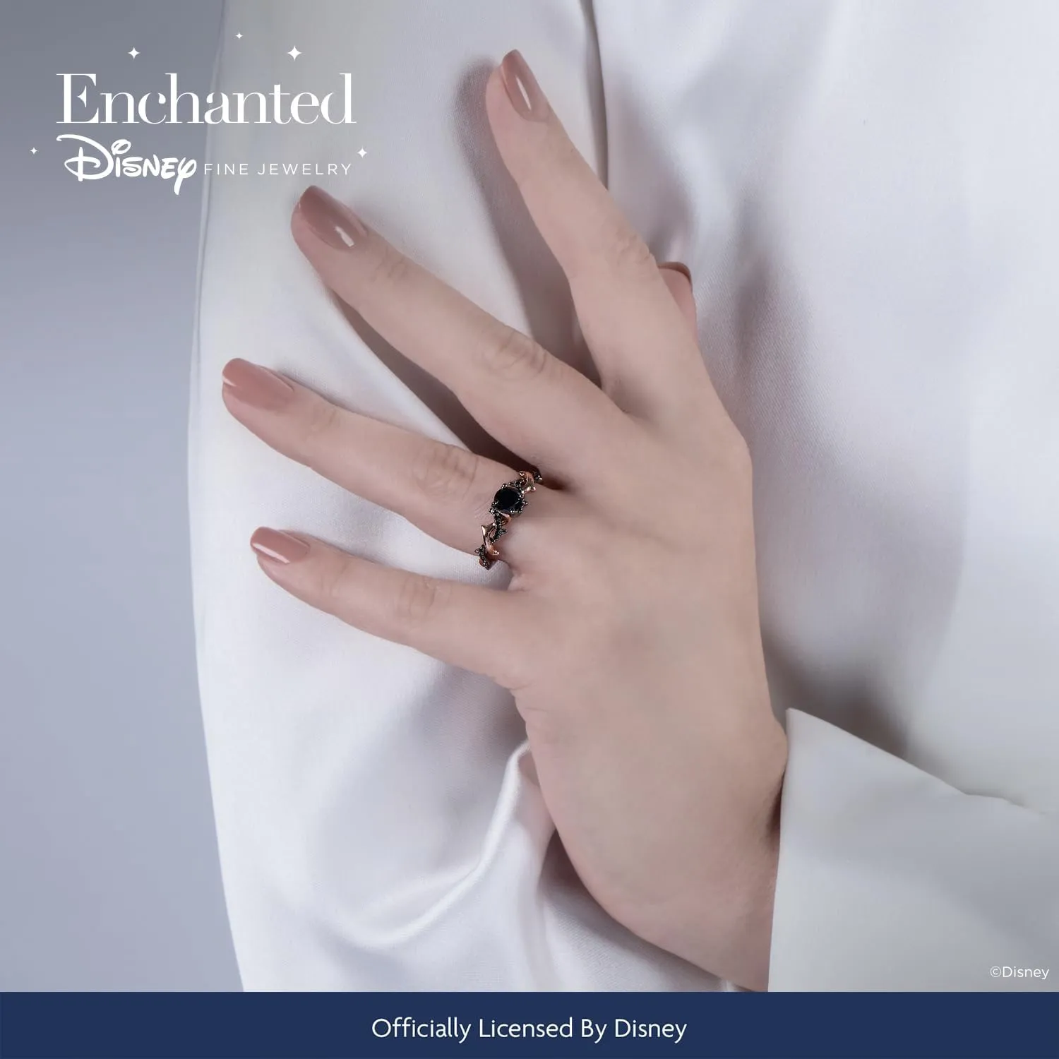 Jewelili Enchanted Disney Fine Jewelry 14K Rose and White Gold with Black Rhodium 9/10 Cttw Black Diamond Maleficent Bridal Ring