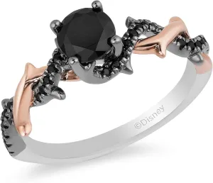 Jewelili Enchanted Disney Fine Jewelry 14K Rose and White Gold with Black Rhodium 9/10 Cttw Black Diamond Maleficent Bridal Ring