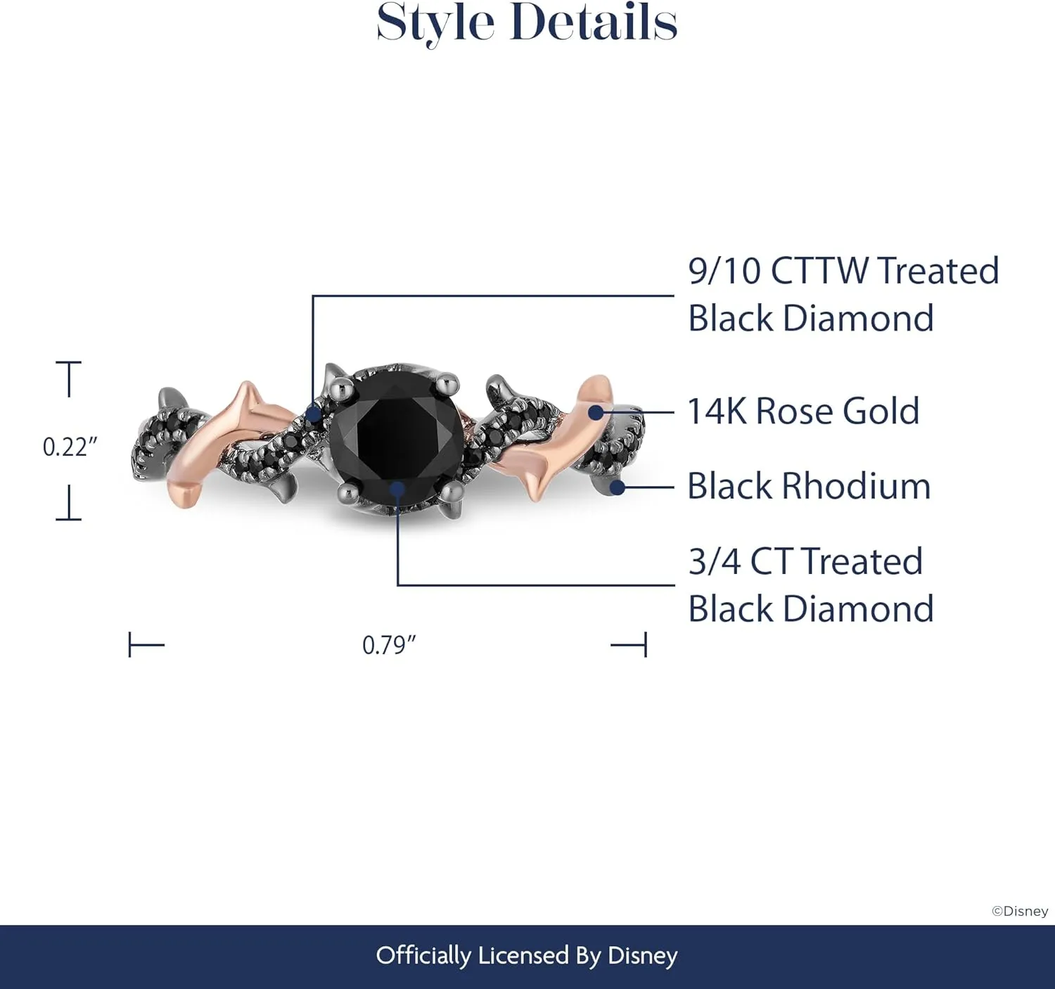 Jewelili Enchanted Disney Fine Jewelry 14K Rose and White Gold with Black Rhodium 9/10 Cttw Black Diamond Maleficent Bridal Ring