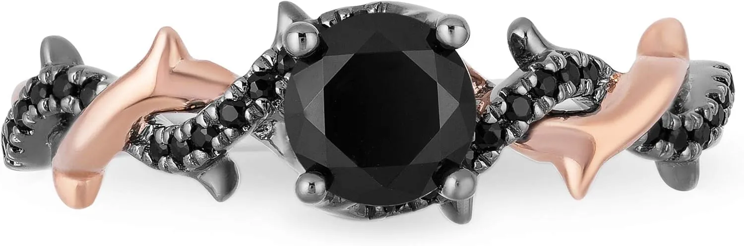 Jewelili Enchanted Disney Fine Jewelry 14K Rose and White Gold with Black Rhodium 9/10 Cttw Black Diamond Maleficent Bridal Ring