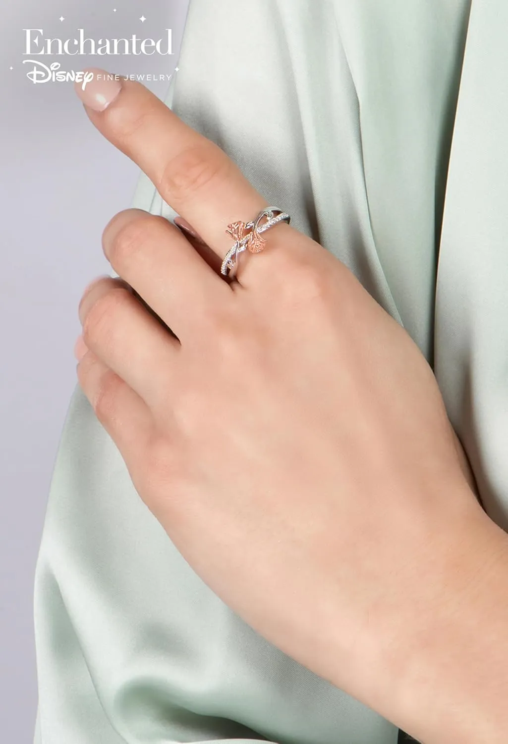 Jewelili Enchanted Disney Fine Jewelry 14K Rose Gold over Sterling Silver 1/10 Cttw Diamond Belle Rose Fashion Ring.