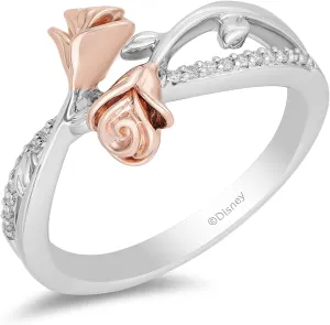 Jewelili Enchanted Disney Fine Jewelry 14K Rose Gold over Sterling Silver 1/10 Cttw Diamond Belle Rose Fashion Ring.