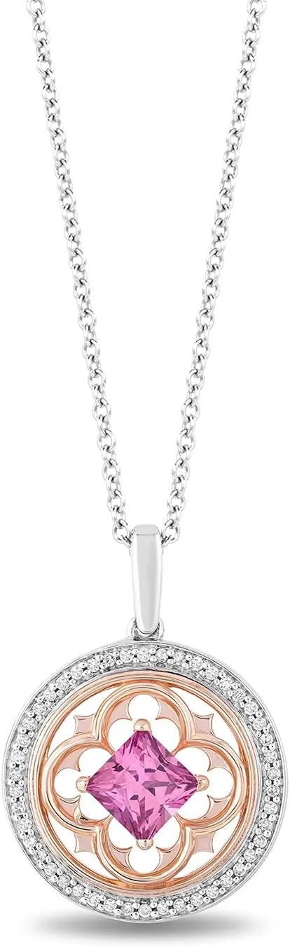 Jewelili Enchanted Disney Fine Jewelry 14K Rose Gold Over Sterling Silver 5.5 MM Square Created Pink Sapphire and 1/5 CTTW Natural White Round Diamond Aurora Pendant Necklace