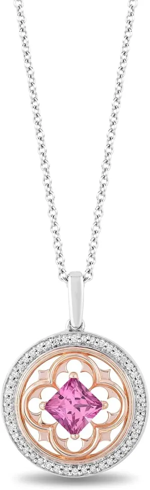 Jewelili Enchanted Disney Fine Jewelry 14K Rose Gold Over Sterling Silver 5.5 MM Square Created Pink Sapphire and 1/5 CTTW Natural White Round Diamond Aurora Pendant Necklace
