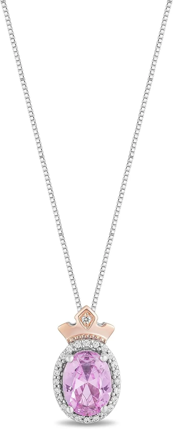 Jewelili Enchanted Disney Fine Jewelry 14K Rose Gold Over Sterling Silver 8x6 MM Oval Shape Created Pink Sapphire, 1/10 CTTW Natural White Round Diamond Aurora Pendant Necklace, 18" Cable Chain