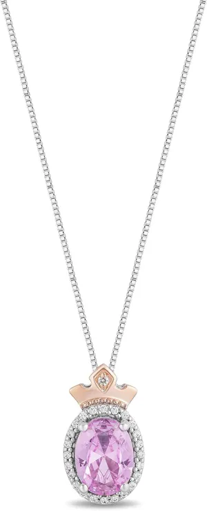 Jewelili Enchanted Disney Fine Jewelry 14K Rose Gold Over Sterling Silver 8x6 MM Oval Shape Created Pink Sapphire, 1/10 CTTW Natural White Round Diamond Aurora Pendant Necklace, 18" Cable Chain