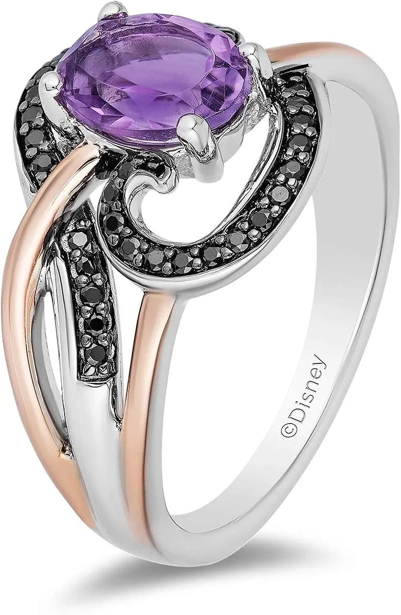 Jewelili Enchanted Disney Fine Jewelry 14K Rose Gold over Sterling Silver Black Rhodium with 1/5 Cttw and Amethyst Ursula Ring