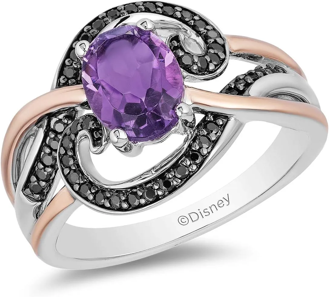Jewelili Enchanted Disney Fine Jewelry 14K Rose Gold over Sterling Silver Black Rhodium with 1/5 Cttw and Amethyst Ursula Ring