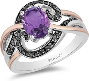 Jewelili Enchanted Disney Fine Jewelry 14K Rose Gold over Sterling Silver Black Rhodium with 1/5 Cttw and Amethyst Ursula Ring