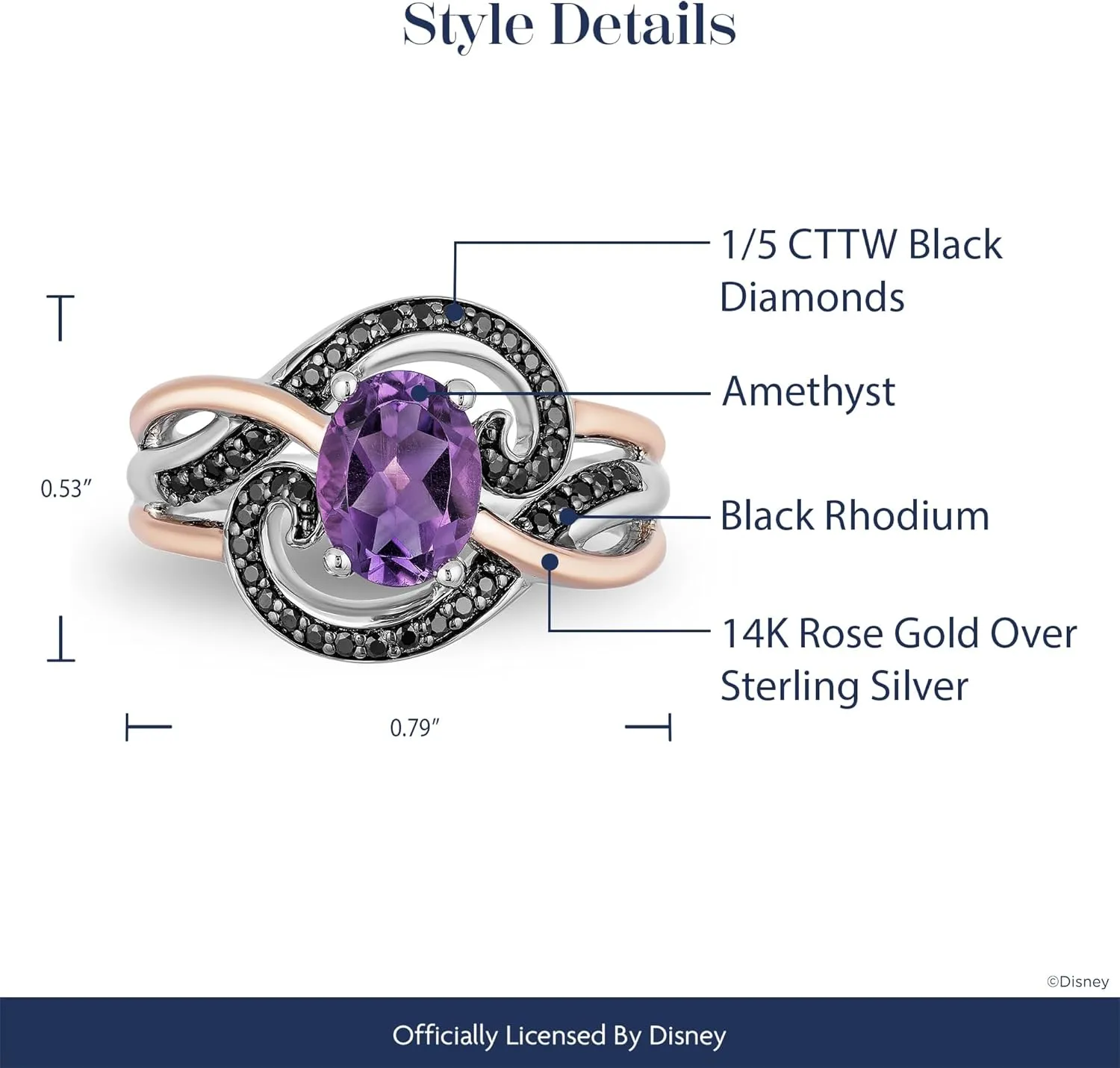 Jewelili Enchanted Disney Fine Jewelry 14K Rose Gold over Sterling Silver Black Rhodium with 1/5 Cttw and Amethyst Ursula Ring