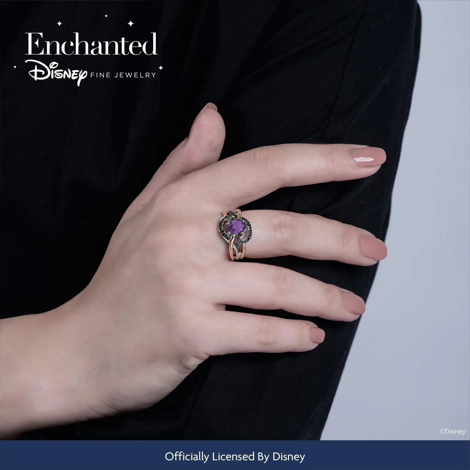 Jewelili Enchanted Disney Fine Jewelry 14K Rose Gold over Sterling Silver Black Rhodium with 1/5 Cttw and Amethyst Ursula Ring