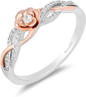 Jewelili Enchanted Disney Fine Jewelry 14K Rose Gold over Sterling Silver with 1/10 CTTW Diamond Belle Ring Size 7