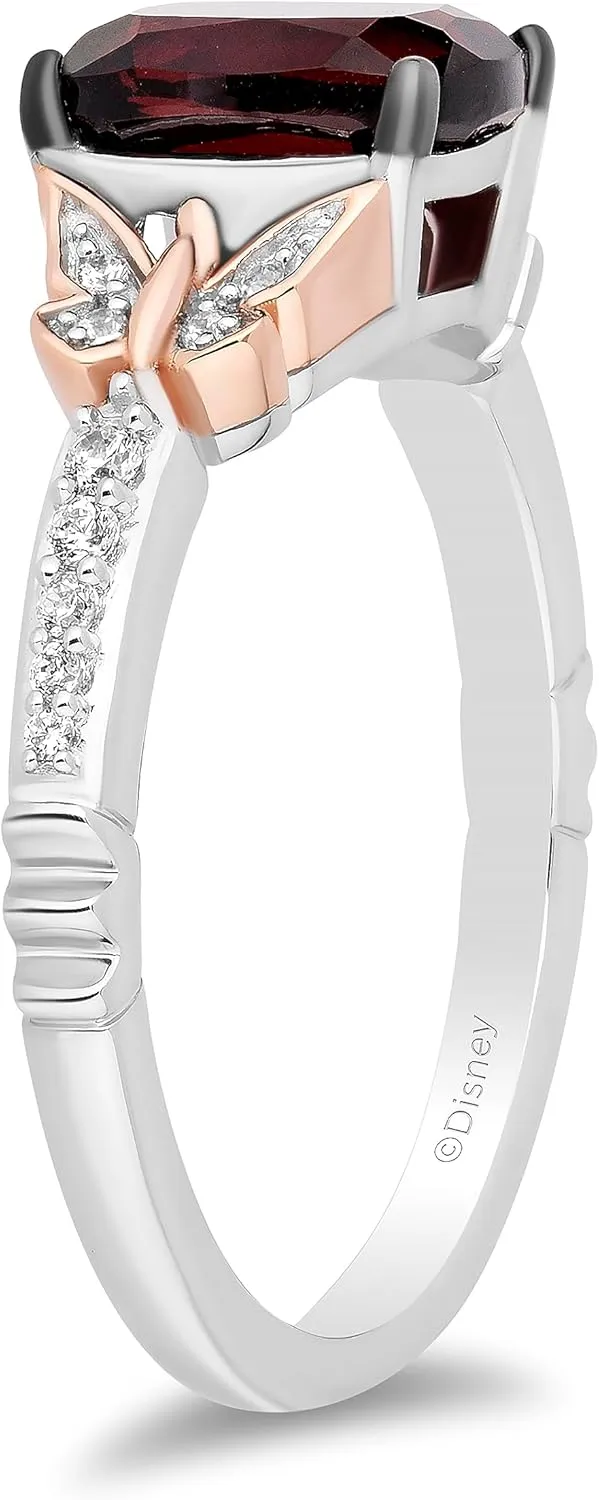 Jewelili Enchanted Disney Fine Jewelry 14K Rose Gold over Sterling Silver with 1/10 CTTW Diamonds and Garnet Mulan Ring