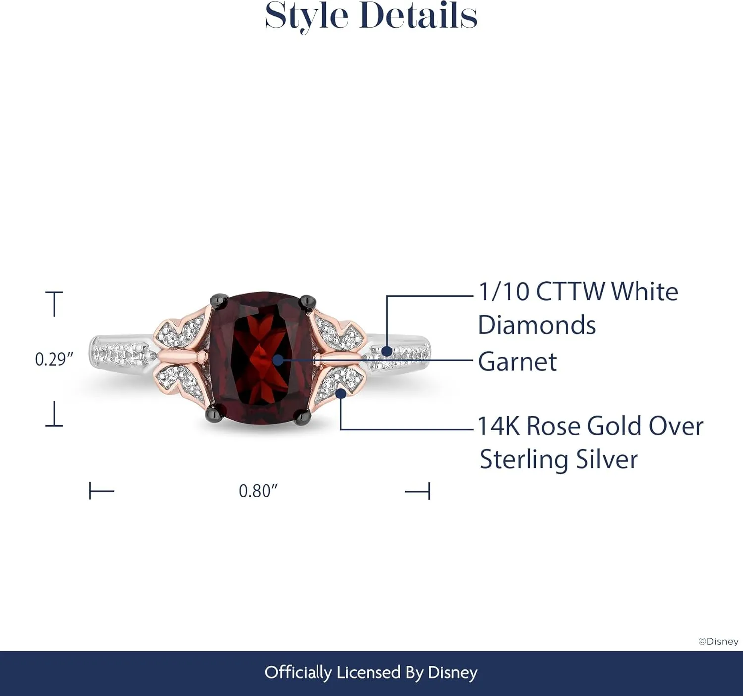 Jewelili Enchanted Disney Fine Jewelry 14K Rose Gold over Sterling Silver with 1/10 CTTW Diamonds and Garnet Mulan Ring