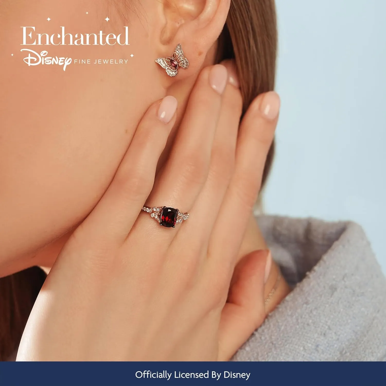 Jewelili Enchanted Disney Fine Jewelry 14K Rose Gold over Sterling Silver with 1/10 CTTW Diamonds and Garnet Mulan Ring
