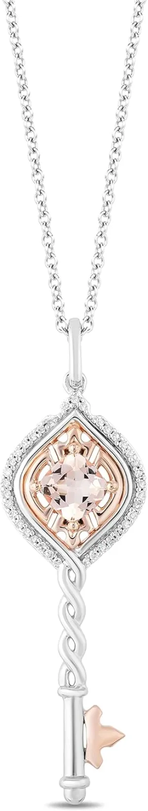 Jewelili Enchanted Disney Fine Jewelry 14K Rose Gold over Sterling Silver with 1/10 CTTW Diamonds and Morganite Aurora Key Pendant