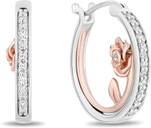 Jewelili Enchanted Disney Fine Jewelry 14K Rose Gold over Sterling Silver with 1/5 CTTW Diamond Belle Hoop Earrings